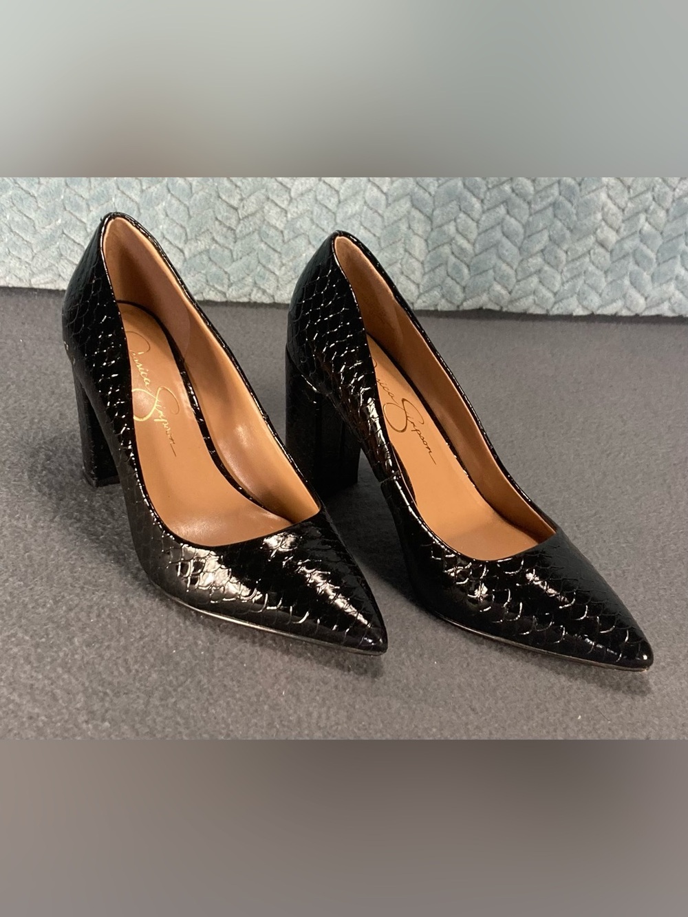 Jessica Simpson Black Croc-Embossed Pointed Block-Heel Pumps